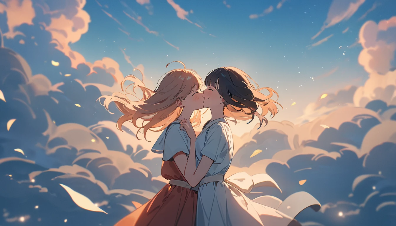 masterpiece, Highest quality, Movie stills, 1 Girl, Cloud Girl,Two Girls, Two good friends , Floating in the sky, close, bright, Happy, Warm and soft lighting, blue sky, (spark:0.7)