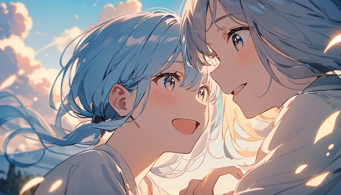 masterpiece, Highest quality, Movie stills, 1 Girl, Cloud Girl,Two Girls, Two good friends , Floating in the sky, close, bright, Happy, Warm and soft lighting, blue sky, (spark:0.7)