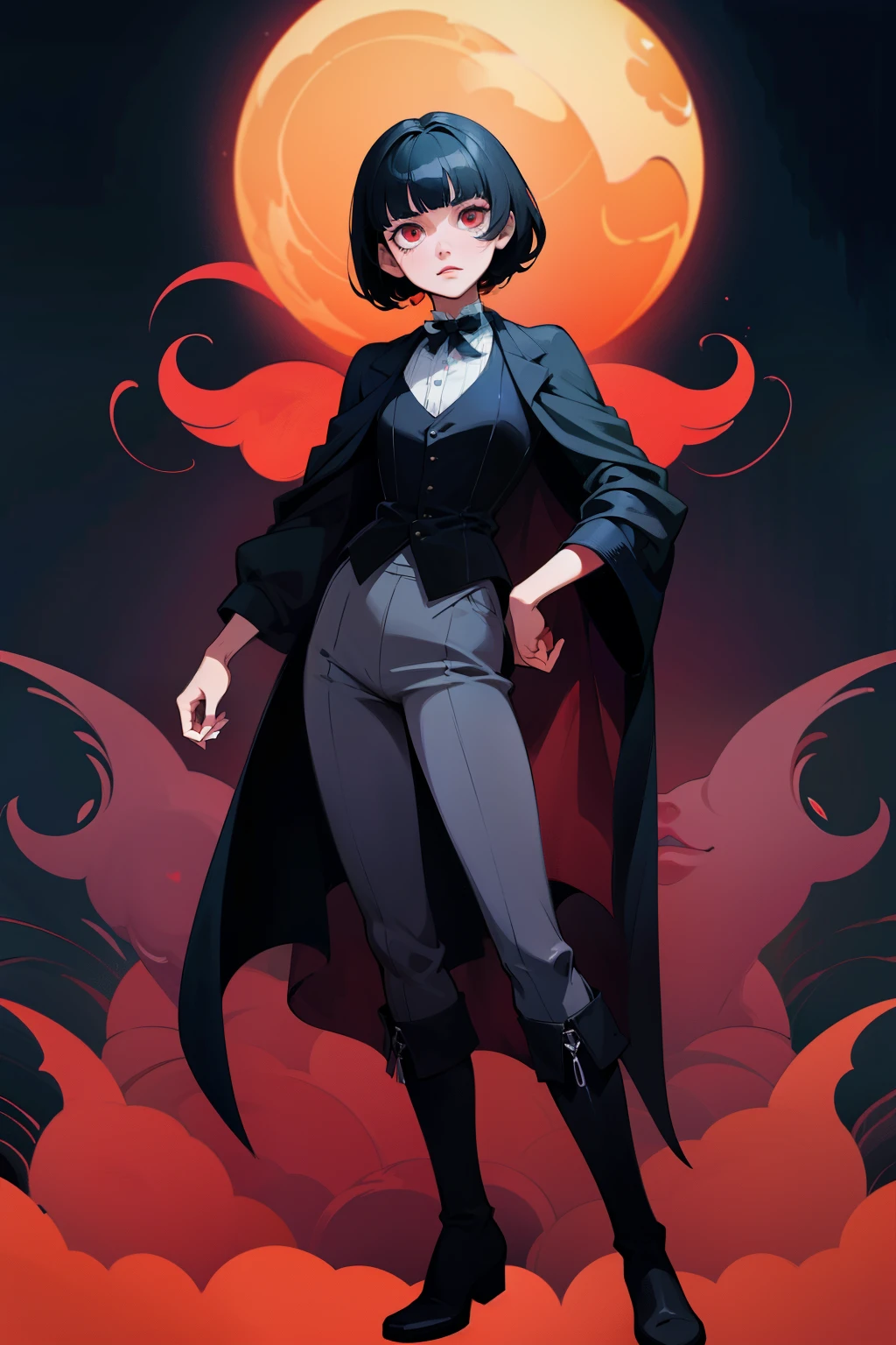 psychedelic art, anime character, short black hair, bangs, red eyes, vest, boots, full body shot, pose, elegant, bangs, ouji fashion, "Black Butler" inspired outfit., god like entity, divine, anime, Gothic art, anime, Gothic art, masterpiece, anatomically correct, accurate, high details, highres, 4K, 8K, highres, 1080P, super detail, masterpiece, anatomically correct