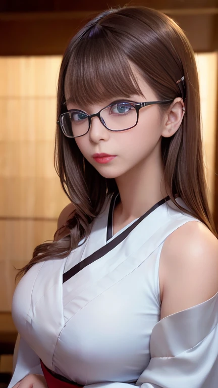 (One girl:1.3), masterpiece, Highest quality, Great beauty, [[3d]], 4K, Absurd, In detail, Highly detailed eyes, Perfect Anatomy, Official Art, Cinema Lighting, break, Bedroom, Silky long hair, Silky straight hair, Blunt bangs, Black Hair, Highly shiny detailed blue eyes, Big eyes, Cute eyes, Thick eyebrows, View your viewers(camera), Close your mouth, Fuller lips, eyeliner, False eyelashes, Red lips, hairpin, surprised, break , Big Breasts, expensive, thin, Wheat peel, Arms crossed, whole body, break (kimono:1.3), (Bare shoulders:1.2), break,(Glasses)