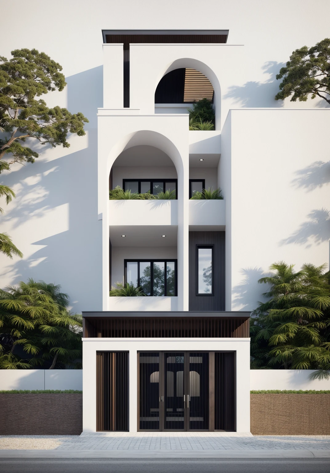1 morden architect, main material by white wall and wood, 1large yard, 1 road runs in front of the house, (RAW photo, real, best quality, masterpiece:1.2), look morden minimalist, 1 road in front of the house, dynamic lighting:1.3, (hyper realistic, photo-realistic:1.2), high quality, (dark lighting:1.2), perfect lighting, archdaily, no human