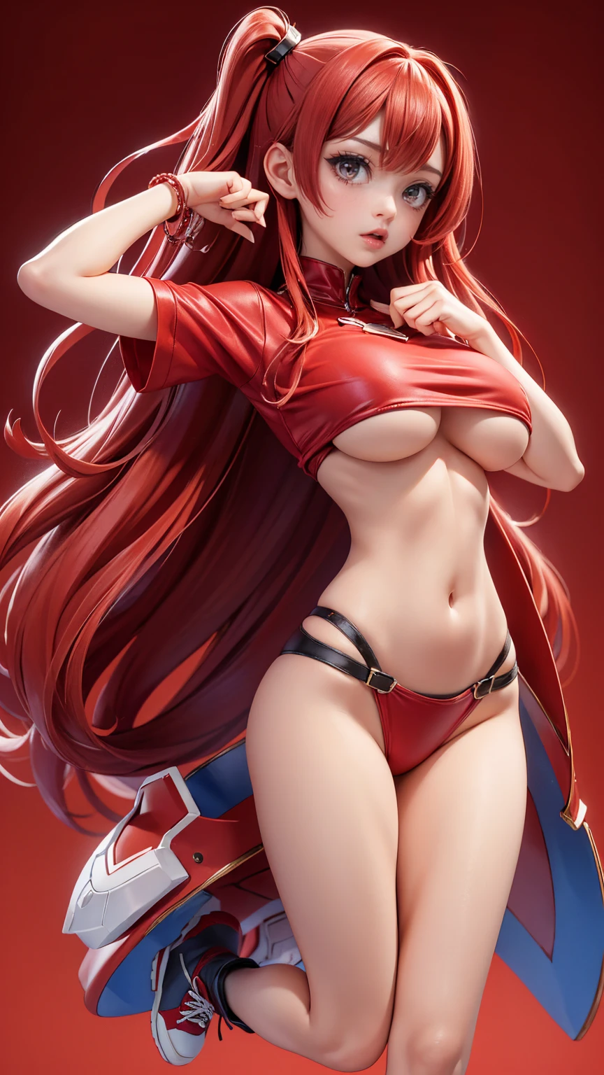 ((full_body))、Woman、red_background、big_breasts、Detailed、POP、vivid、pose、underboob、No sleeve、Open chest