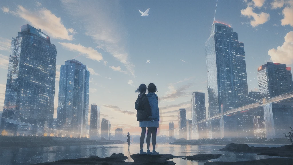 evening,Octane, star (null), scenery, Blue parakeet,The acoustic guitar is in front of the body.,star,A girl and a boy standing back to back, Back view, alone, Outdoor, city,river,Blue parakeet,building, cloud, 天のriver,silhouette