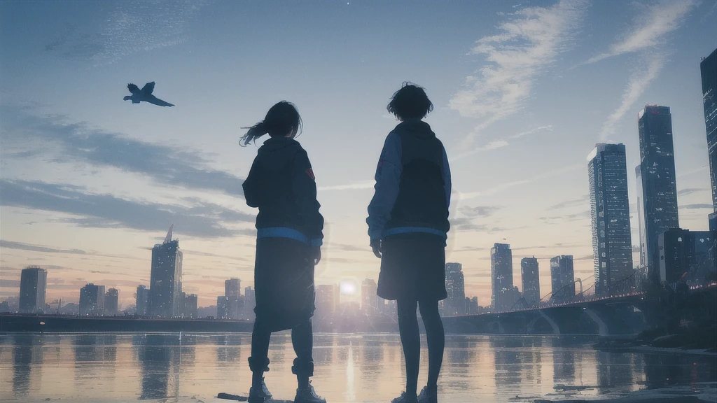 evening,Octane, star (null), scenery, Blue parakeet,The acoustic guitar is in front of the body.,star,A girl and a boy standing back to back, Back view, alone, Outdoor, city,river,Blue parakeet,building, cloud, 天のriver,silhouette
