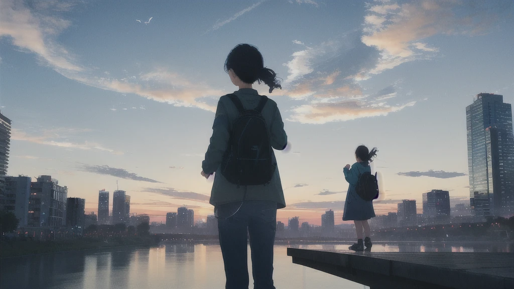 evening,Octane, star (null), scenery, Blue parakeet,The acoustic guitar is in front of the body.,star,A girl and a boy standing back to back, Back view, alone, Outdoor, city,river,Blue parakeet,building, cloud, 天のriver,silhouette