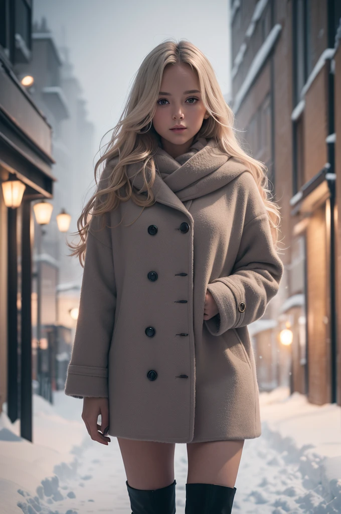 professional photograph of a beautiful norwegian girl in no clothes with long wavy blonde hair, sensual and seductive look, beautiful symmetrical face, beautiful natural makeup, wearing chic warm winter fashion clothing, ((standing outside on the snowy city street)), impressive modern urban environment, ultra realistic, conceptual artwork, chic, highy detailed, intricate, sharp focus, Depth of field, f/1. 8, 85 mm, medium shot, mid shot, (((professional color grading))), soft and bright diffused light, (Volumetric fog), Trends on Instagram, HD 4k, 8K