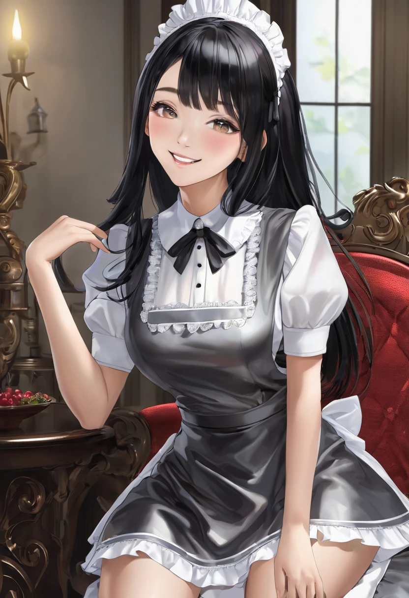mysterious、Sexy、Big Breasts、Delicate skin、Silver Eyes、Nice body proportions、Beautiful feet、Black hair straight、Maid clothes、Shiny clothes、What a lovely smile