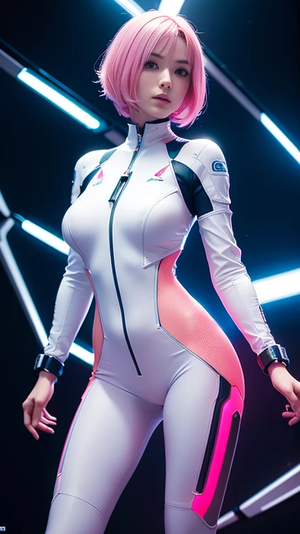 A futuristic cyber woman in clear astronaut neon light suit ,high cut legs, bionic-mechanic body , beautiful breasts stands confidently in the center of a futuristic setting, with intricate details. short pink hair, elegance pose, medium body shot, luminous glow a soft lighting, The background interstellar , creating a quatum  sci-fi atmosphere.