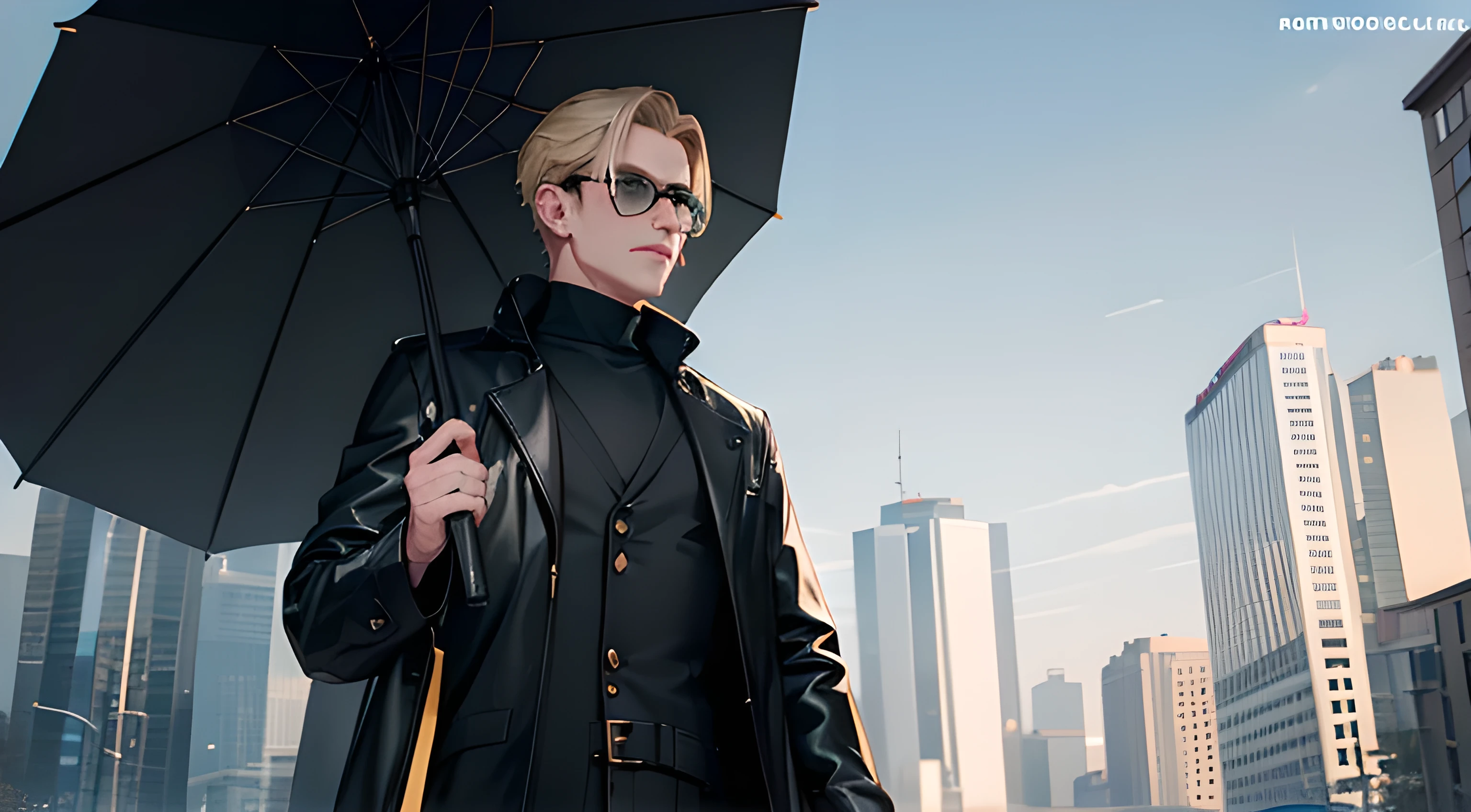 a handsome man with short blonde hair, green eyes, hairstyle with hair slicked back, in a beautiful cityscape background, (best quality,4k,8k,highres,masterpiece:1.2),ultra-detailed,(realistic,photorealistic,photo-realistic:1.37),portrait,cityscape,cinematic lighting,intricate details,sharp focus,studio lighting,vibrant colors, neon, future, black raincoat jacket, black turtleneck under the raincoat, black pants, boots, sunlight glasses