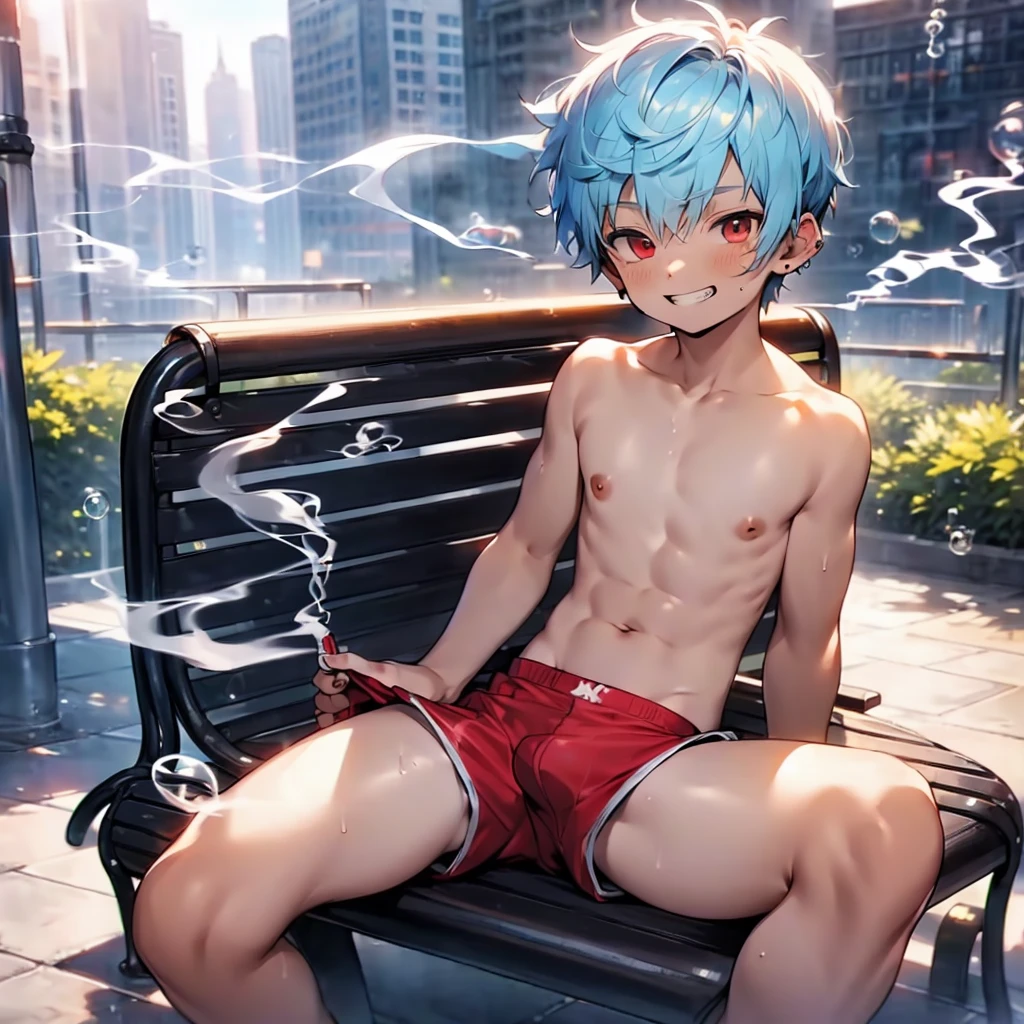 (solo:2), (boldline:-1.8), (smoking:1.6), (((bubble))), (sitting on bench:1.5), (spread legs:1.5), (((fang))), (((best finger))), BREAK (best quality:1.5), (absolutely resolution:1.5), (ultra detailed:1.5), (masterpiece:1.5), (perfect face), (detailed face), (detailed eyes), (best eyes), (cute face), (shota:2), BREAK (topless:1.5), BREAK (red short pants:1.5), (bulge:1.6), (skinny:1.3), (spiked hair), BREAK (light blue hair:1.5), (wine red eyes:1.4), (eyes with highlight:1.6), ((mole under eye)), (sweaty skin), (light skin), (grin:1.5), ((earrings)), (shiny skin:1.3), BREAK (garden), (building:1.5), (at twilight:1.5), ((wind blowing)), ((nipple)), (abs), (groin),