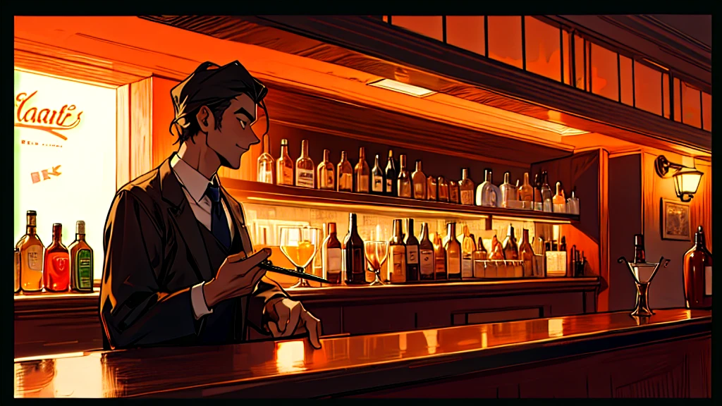 Night bar, bartender, man talking, high quality, high detail, 4k.8k