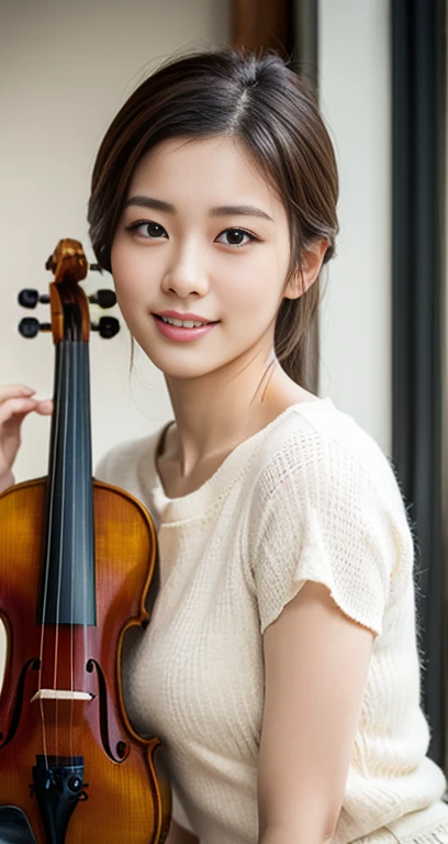 (a gorgeous korean lady, age 28, she is playing the violin, wearing trendy retro-vintage fashion, in minimalist apartment. she has dimpled cheeks, kind friendly smile, cute snaggle-tooth, short_hair_ponytail, realistic symmetrical face, beautiful detailed face, beautiful detailed eyes, ample round bosom, photorealistic, hyper-realism, high contrast, ultra HD, realistic skin textures, top image quality, top-quality, super high resolution, fine details, very meticulously, masterpiece, head_to_knees, the_Cowboy_shot, romantic_vibes, bokeh_background, family_friendly) #Catolin #Mindfulness #CanonInD