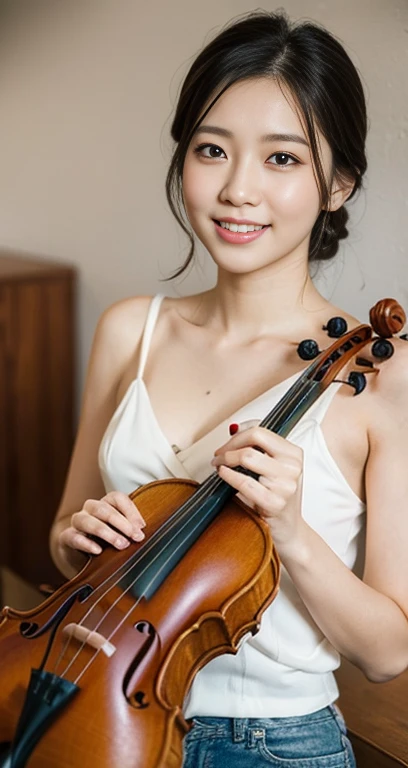 (a gorgeous korean lady, age 28, she is playing the violin, wearing trendy retro-vintage fashion, in minimalist apartment. she has dimpled cheeks, kind friendly smile, cute snaggle-tooth, short_hair_ponytail, realistic symmetrical face, beautiful detailed face, beautiful detailed eyes, ample round bosom, photorealistic, hyper-realism, high contrast, ultra HD, realistic skin textures, top image quality, top-quality, super high resolution, fine details, very meticulously, masterpiece, head_to_knees, the_Cowboy_shot, romantic_vibes, bokeh_background, family_friendly) #Catolin #Mindfulness #CanonInD