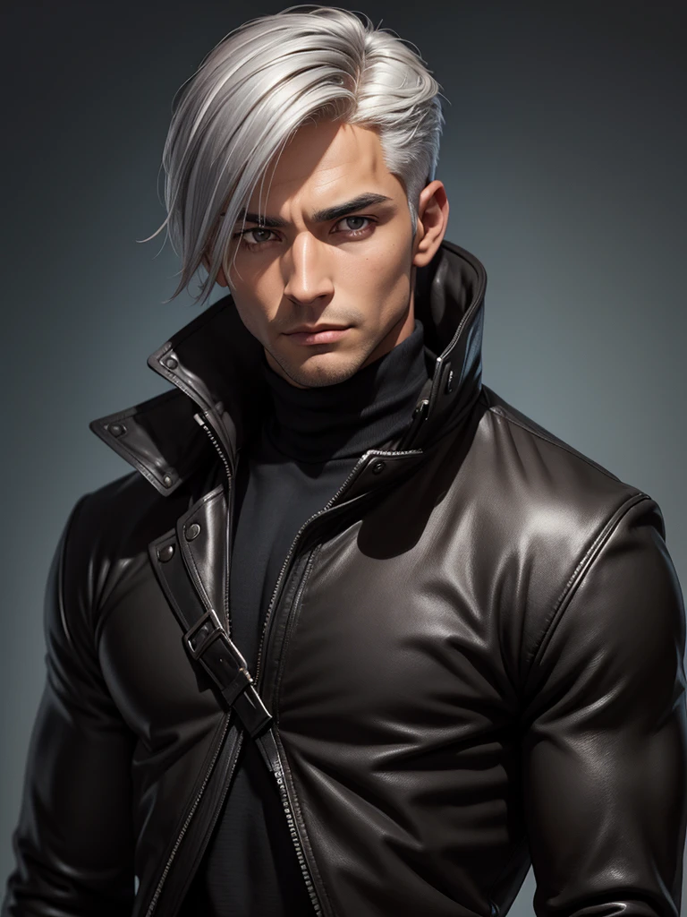 (best quality), 1boy, mature man, 34 years old, tanned skin, silver hair, short hair, hair loosely combed back, brown eyes, perfect eyes, muscular, handsome, small waist, strong jawline, cold expression, black turtleneck, coat jacket, fully clothed, clean face, masterpiece, anatomically correct, highres
