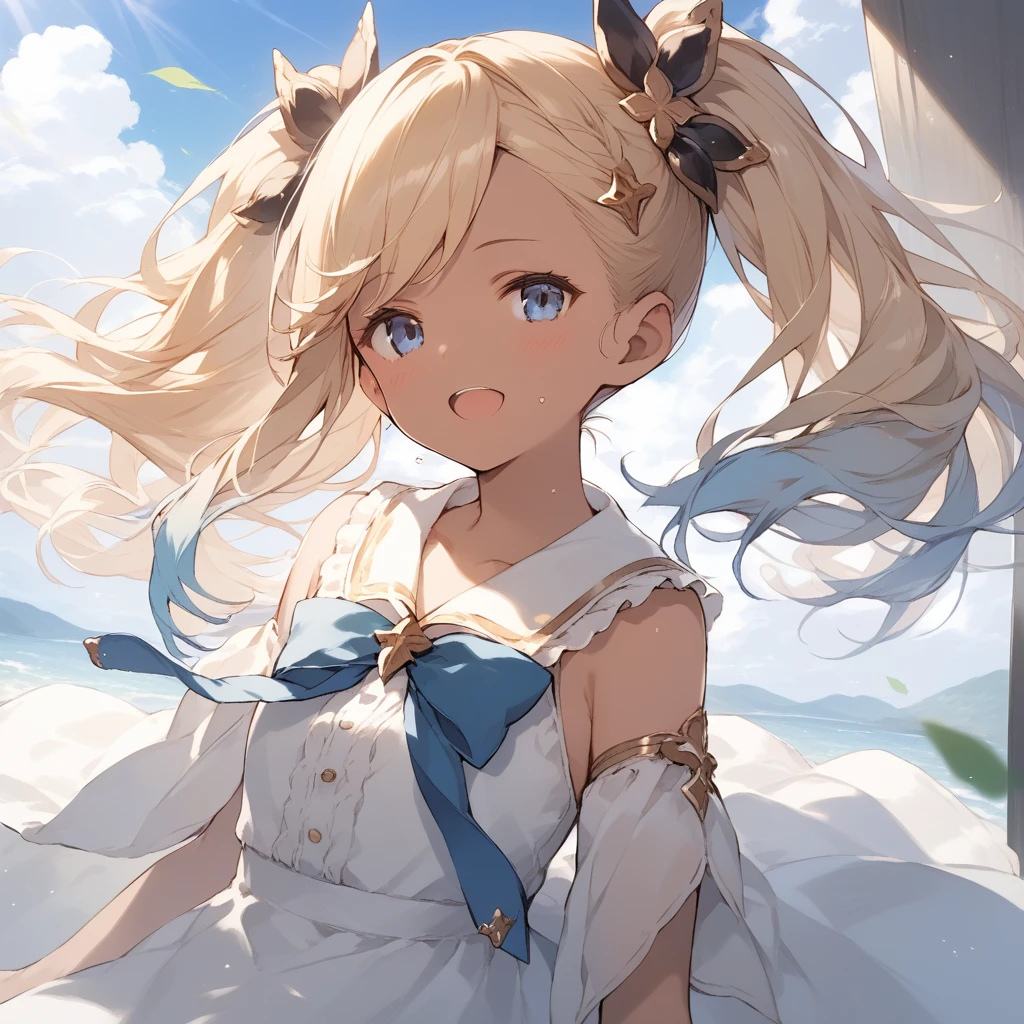 score_9, score_8_up, score_7_up, source_anime, best quality, masterpiece, official art, absurdres, highres, ultra-detailed,waifu2x,Collection: Slice of Life,break,1girl, io \(granblue fantasy\), (dark-skinned female), blonde hair, swept bangs, blue eyes,gradient hair, hair ornament, long hair, flat chest, thighhighs, twintails, sweat, open mouth, sleepily,  outdoors, wind,break,(clear line illustration:1.2), super detailed skin,very high resolution, very aesthetic, Best sexual lighting powered by famous artist, 8k,cute picture,beauty illustration,photoshop_(medium),,(Detailed Lighting),best anime 8k konachan wallpaper, pixiv contest winner, 