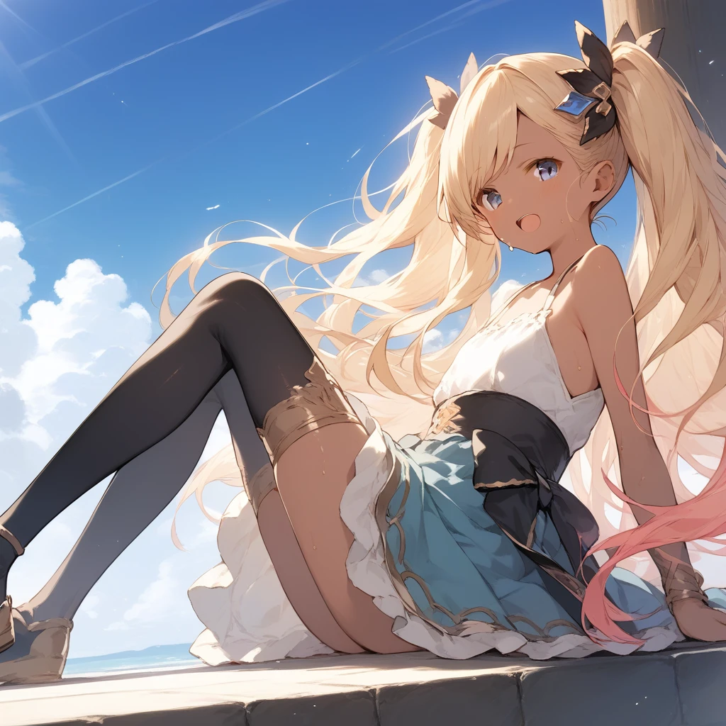 score_9, score_8_up, score_7_up, source_anime, best quality, masterpiece, official art, absurdres, highres, ultra-detailed,waifu2x,Collection: Slice of Life,break,1girl, io \(granblue fantasy\), (dark-skinned female), blonde hair, swept bangs, blue eyes,gradient hair, hair ornament, long hair, flat chest, thighhighs, twintails, sweat, open mouth, sleepily, outdoors, wind,break,(clear line illustration:1.2), super detailed skin,very high resolution, very aesthetic, Best sexual lighting powered by famous artist, 8k,cute picture,beauty illustration,photoshop_(medium),,(Detailed Lighting),best anime 8k konachan wallpaper, pixiv contest winner,