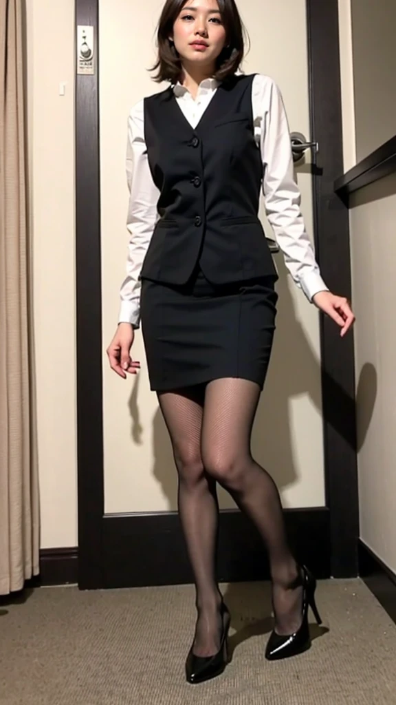 ulzzang-6500-v1.1, (RAW photo:1.2), (Photoreal), (genuine:1.4), １girl、perfect anatomy、48 years old、look at the camera、medium hair、black pencil skirt、((Are standing:1.3))、(super realistic pantyhose:1.2), (high heels)、