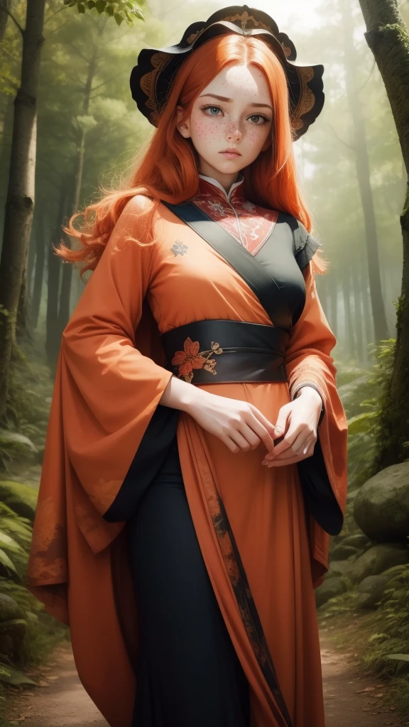 18 years old princess, striking figure, long ginger hair, wavy hairs, fair skin, (freckles), (kolito), innocent and regal appearance, expressive eyes are filled with a mix of curiosity and determination, her slender frame, elegant grace, vibrant orange kimono with white and black decorations, very long ((sleeves past fingers)), sleeves past wrists, feather headdress, in a forest