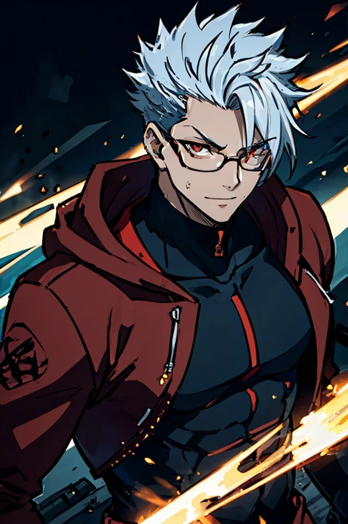 16K, High resolution, RTTX 10.0, Ray Tracing, Top quality masterpiece, Awards, Talked about at the art station, very beautiful, Perfect anatomy and highly detailed face, Glowing Eyes, Fine grain, Accurate drawing, Beautiful Hair, Detailed Background, Edgy, One person, Man in his late 20s, Well-groomed Mafia, Red hoodie and black pants, Warm, loose-fitting clothing, Rough youth fashion, A mercenary with two swords at his waist, A dual-wielding swordsman with his swords sheathed, Dystopian criminals, Yakuza with a scar on his face, Dark malicious smile, Squint your eyes and laugh, Tanned dark skin, White to silvery hair, thick black rimmed glasses, Cynical smile, Sarcastic mood, A gangster with a scar on his nose, A violent criminal with a horizontal scar across his face, Injured Villain, A horrific massacre, Collapsing Building,