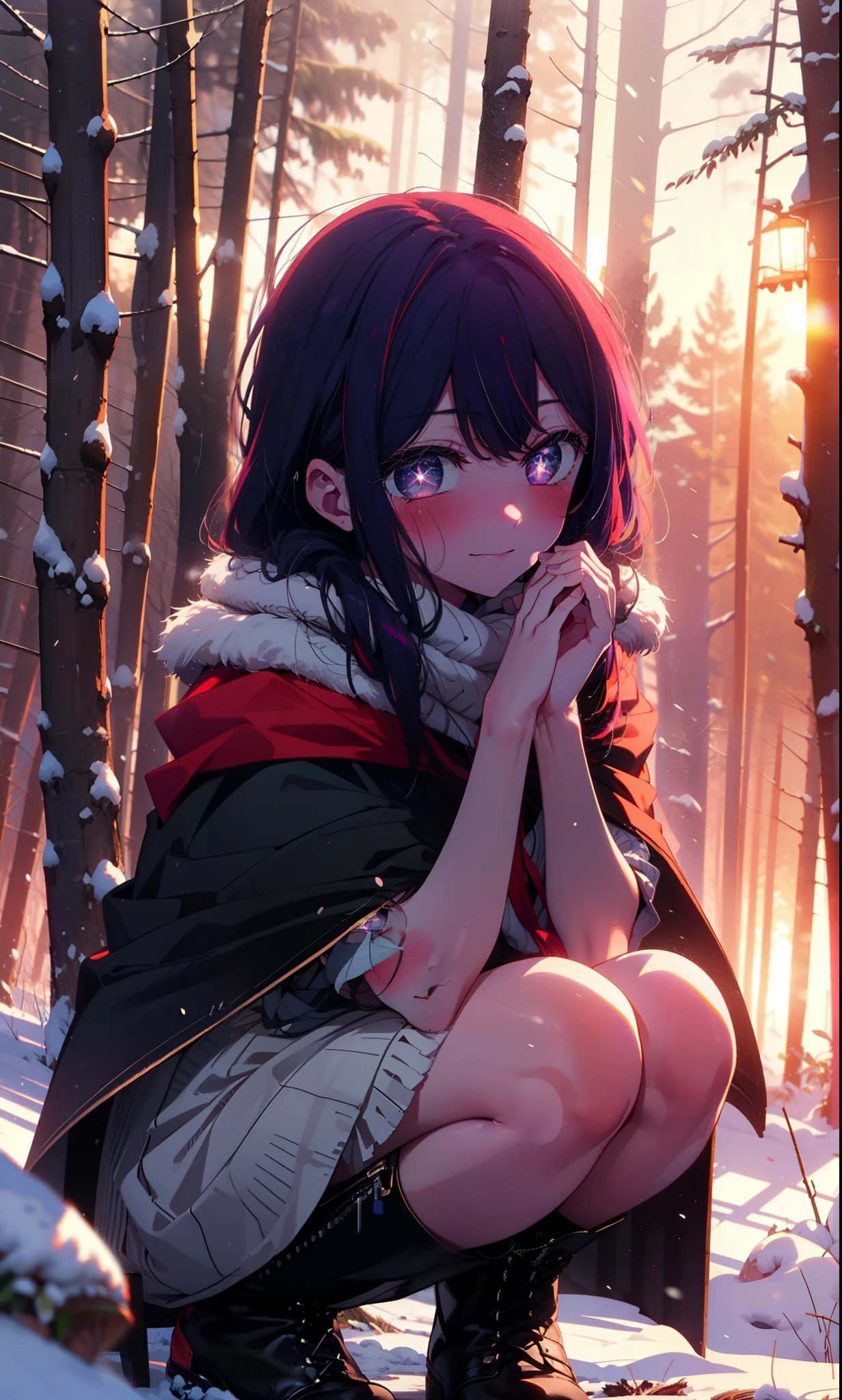 aihoshino, Ai Hoshino, Long Hair, bangs, (Purple eyes:1.1), Purple Hair, (Symbol-shaped pupil:1.5), smile,,smile,blush,White Breath,
Open your mouth,snow,Ground bonfire, Outdoor, boots, snowing, From the side, wood, suitcase, Cape, Blurred, , forest, White handbag, nature, Squat, Mouth closed, Cape, winter, Written boundary depth, Black shoes, red Cape break looking at viewer, Upper Body, whole body, break Outdoor, forest, nature, break (masterpiece:1.2), Highest quality, High resolution, unity 8k wallpaper, (shape:0.8), (Beautiful and beautiful eyes:1.6), Highly detailed face, Perfect lighting, Highly detailed CG, (Perfect hands, Perfect Anatomy),