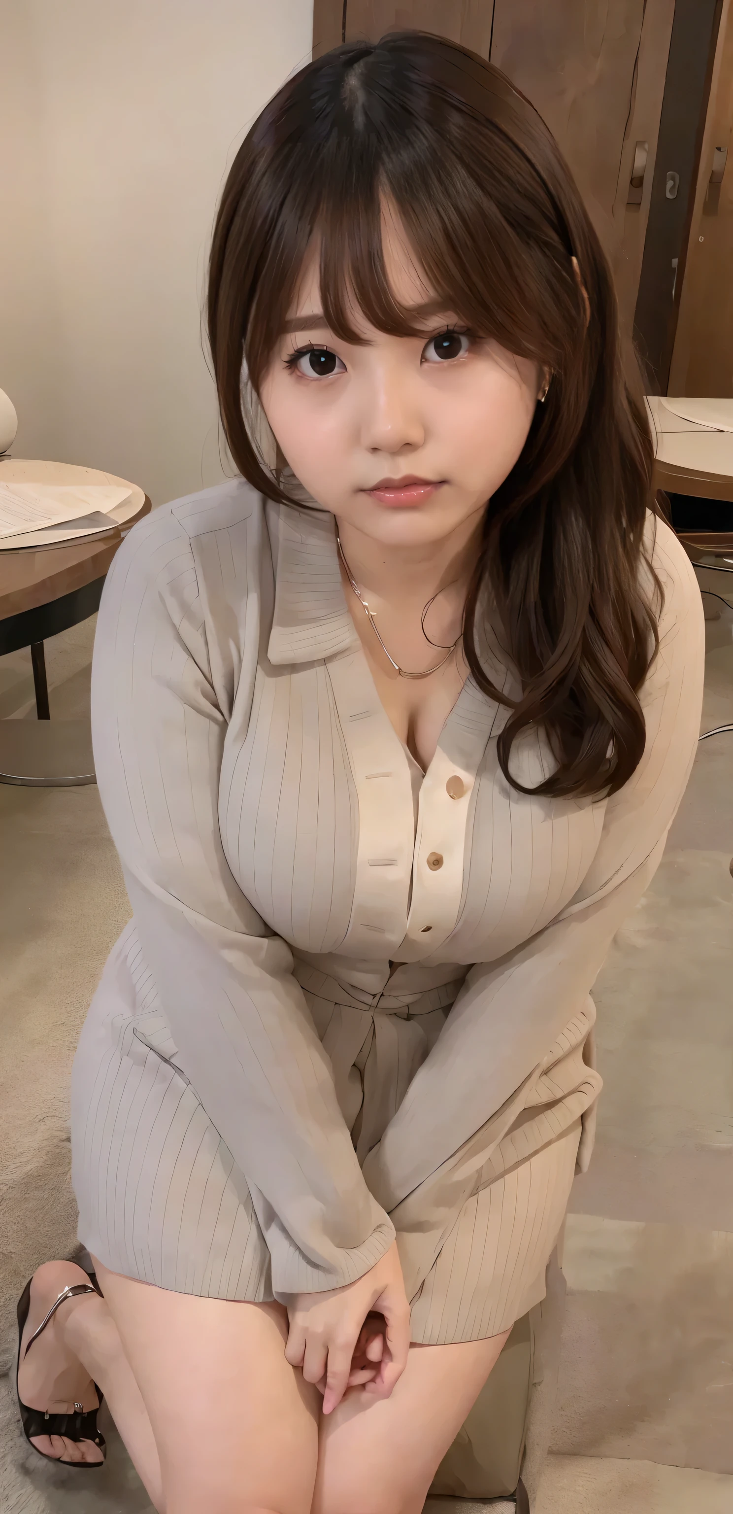 ((Highest quality、Highest quality、Raw quality)), Japanese ID, Mature Woman, ((A chubby, cute, round-faced woman around 40 years old)), Straight black hair without bangs, Medium Long Hair, ponytail, Flashy makeup, Fuller lips, Sexy Gaze, uniform, ((dressing)), looking at the camera, Low angle shooting, Cute duck lips,((Very accurate and correct anatomy)),  (masterpiece:1.3), Perfect proportions, Realistic photos, Full Shot, whole body, (height: 146cm), High heels