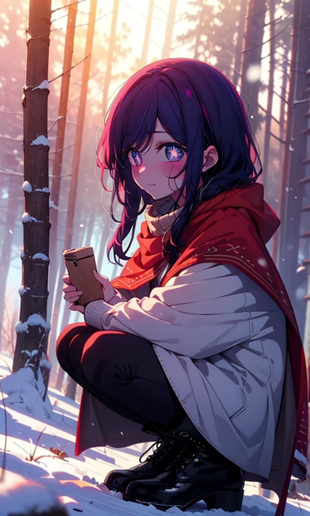 aihoshino, Ai Hoshino, Long Hair, bangs, (Purple eyes:1.1), Purple Hair, (Symbol-shaped pupil:1.5), smile,,smile,blush,White Breath,
Open your mouth,snow,Ground bonfire, Outdoor, boots, snowing, From the side, wood, suitcase, Cape, Blurred, , forest, White handbag, nature,  Squat, Mouth closed, Cape, winter, Written boundary depth, Black shoes, red Cape break looking at viewer, Upper Body, whole body, break Outdoor, forest, nature, break (masterpiece:1.2), Highest quality, High resolution, unity 8k wallpaper, (shape:0.8), (Beautiful and beautiful eyes:1.6), Highly detailed face, Perfect lighting, Highly detailed CG, (Perfect hands, Perfect Anatomy),