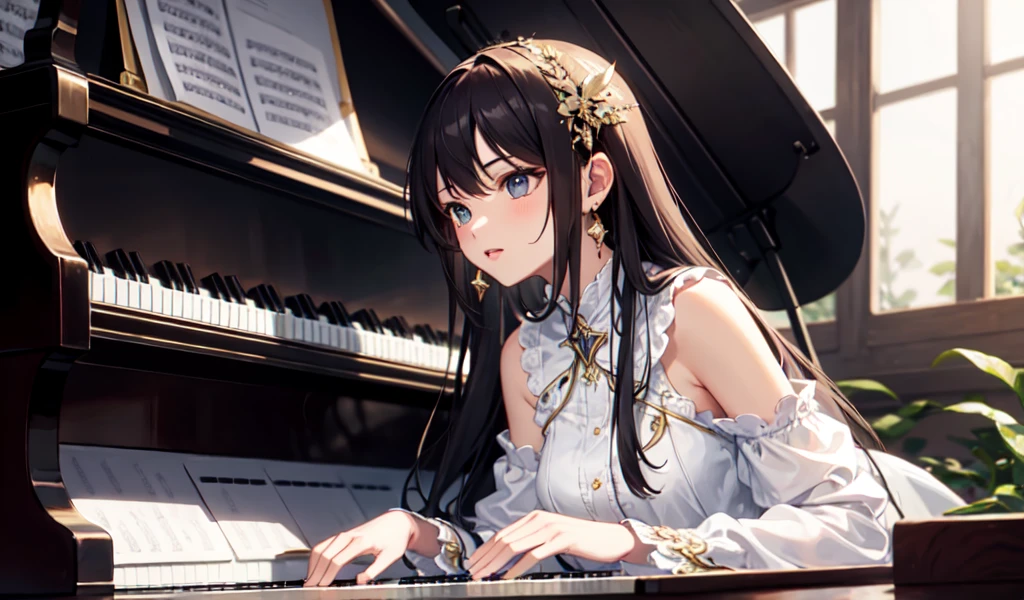 ((Highest quality)), ((masterpiece)), (detailed), Beautiful Angel,,Playing the piano,mysterious