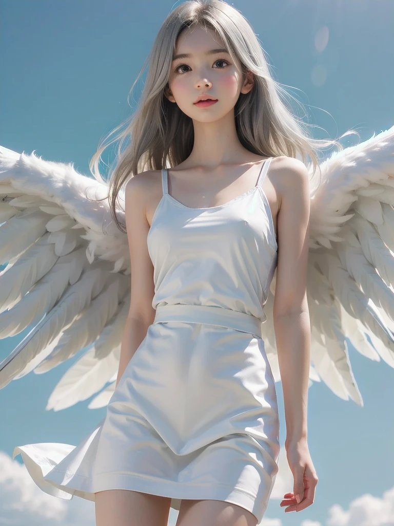 8K, raw photo, realistic, (detailed skin, best quality:1.2), (Angel Wings), ((white camisole dress)), (((:1.1))), (silver long hair:1.3, Short bangs), teenage girl flying high in the sky, (baby face:1.1, Neat face, whiter skin), thighs, Translucent white fabric covers the body.., blue sky, full body shot, (low angle shot:1.2)