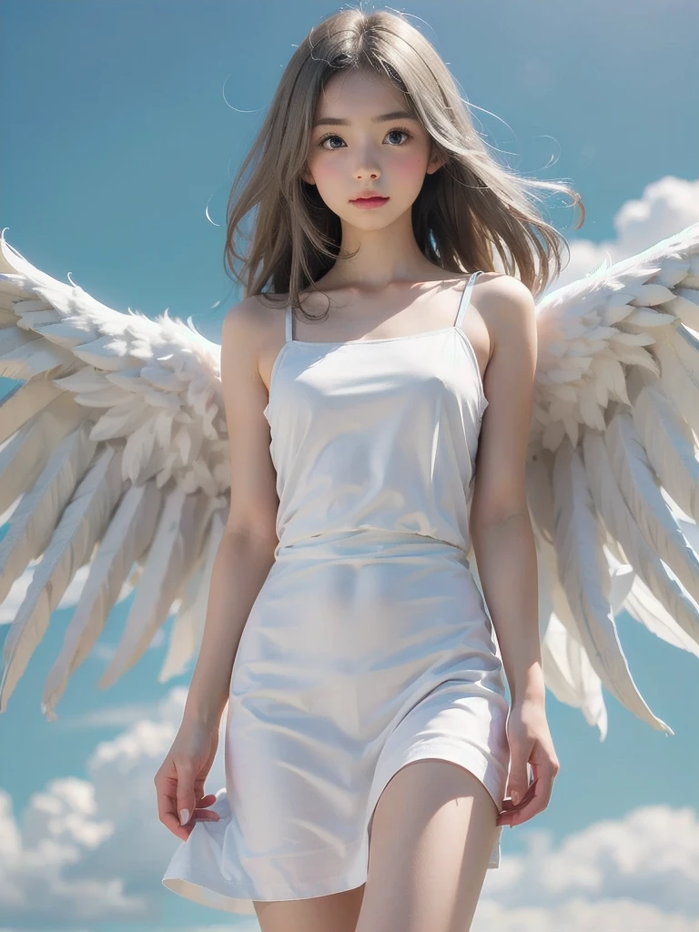 8K, raw photo, realistic, (detailed skin, best quality:1.2), (Angel Wings), ((white camisole dress)), (((:1.1))), (silver long hair:1.3, Short bangs), teenage girl flying high in the sky, (baby face:1.1, Neat face, whiter skin), thighs, Translucent white fabric covers the body.., blue sky, full body shot, (low angle shot:1.2)