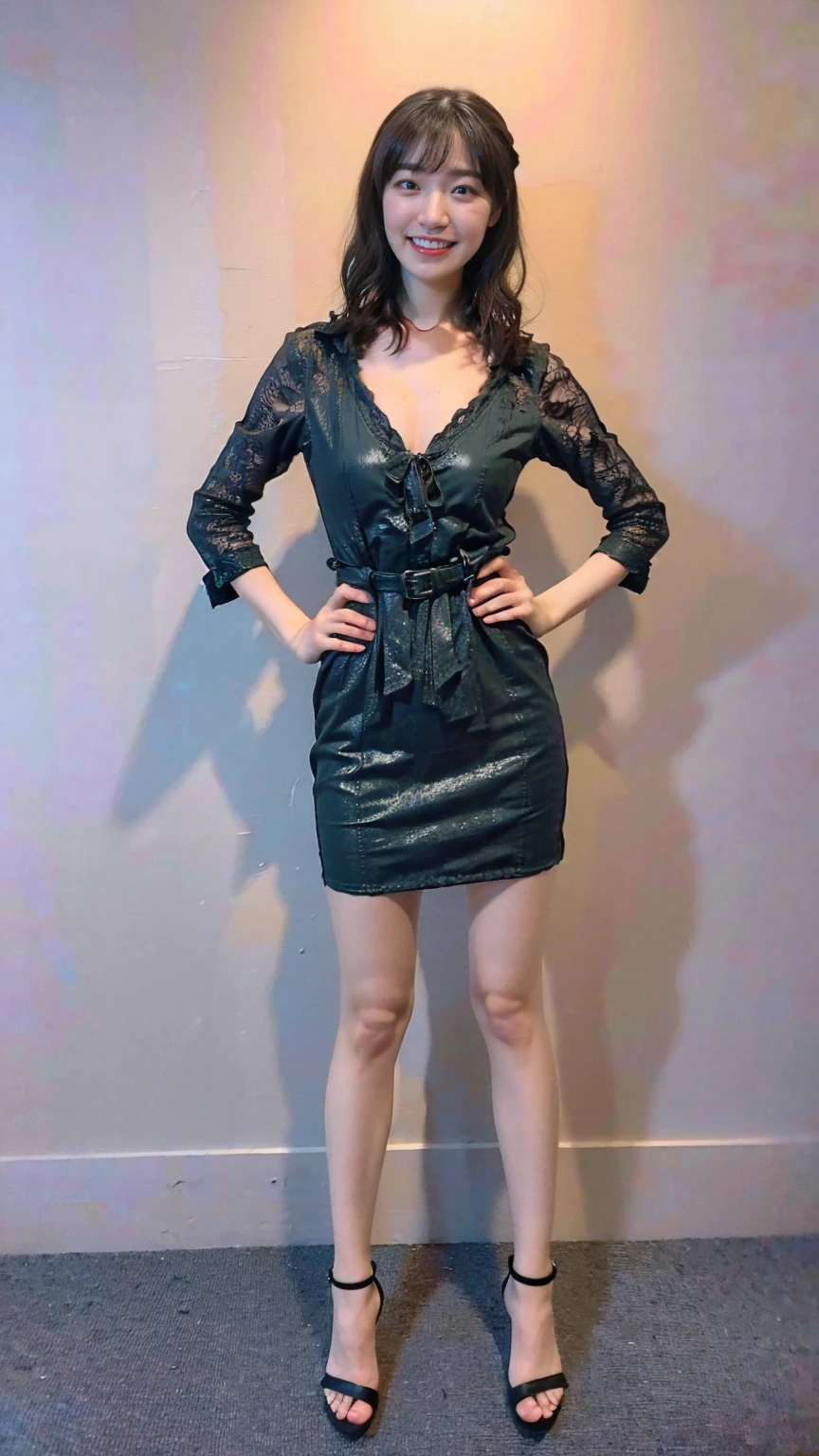 (8K、RAW Photos、Highest quality、masterpiece:1.2)、(Realistic、Realistic)、1 Girl、((Completely naked:1.2、Thin legs、whole body、View from the front、smile、Looking into the camera、Stand with hands on hips))、cute、Maternal breasts