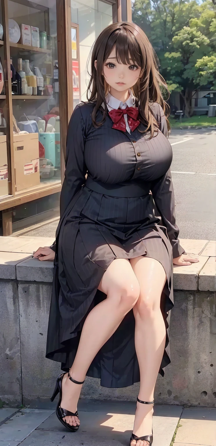 ((Highest quality、Highest quality、Raw quality)), Japanese ID, Mature Woman, ((A chubby, cute, round-faced woman around 40 years old)), Straight black hair without bangs, Long Hair, ponytail, Flashy makeup, Fuller lips, Sexy Gaze, uniform, ((dressing)), looking at the camera, Low angle shooting, Cute duck lips,((Very accurate and correct anatomy)),  (masterpiece:1.3), Perfect proportions, Realistic photos, Full Shot, whole body, (height: 146cm), High heels