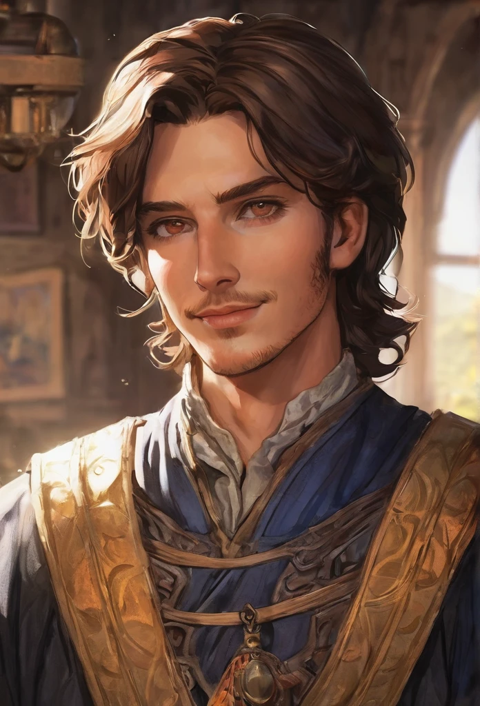 26 years old, male, human, adventurer, brown hair, brown eyes, inside a room , middle age era
