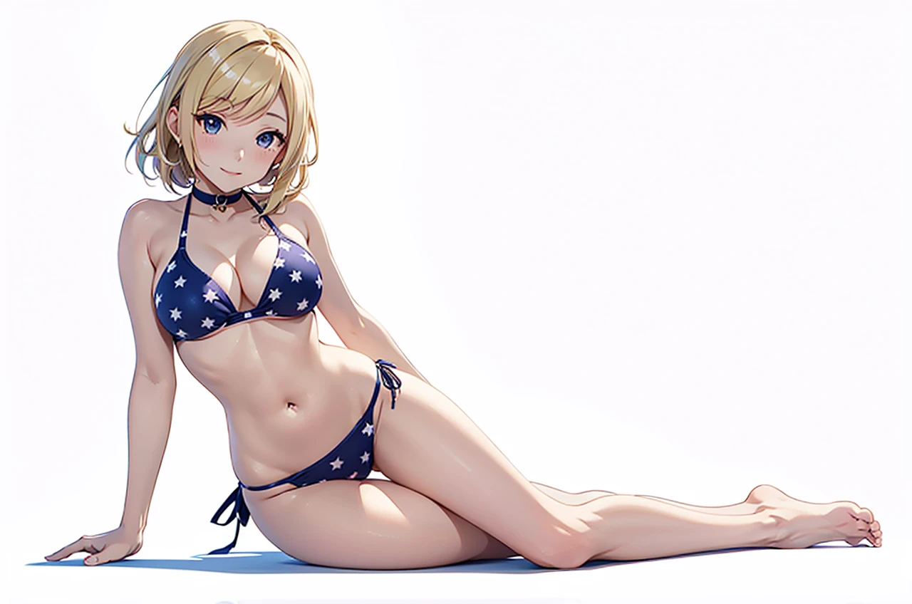 mari ohara   
  in a bikini laying down on her side with her arm for support poseing 