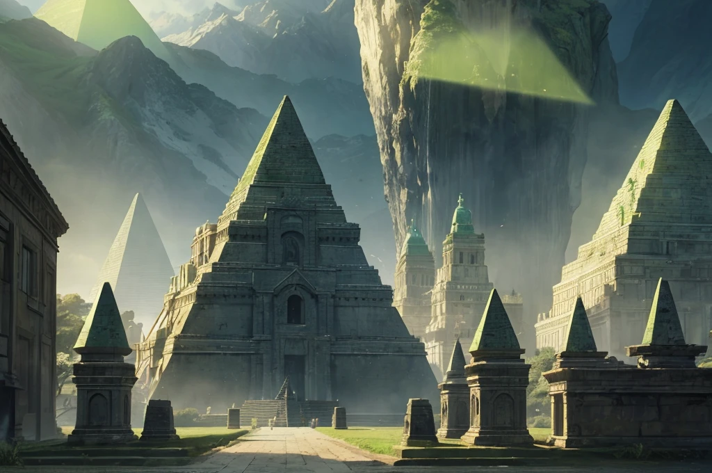 green pyramid, treasure, aztec, riches, green lighting, HDR, 4k resolution
