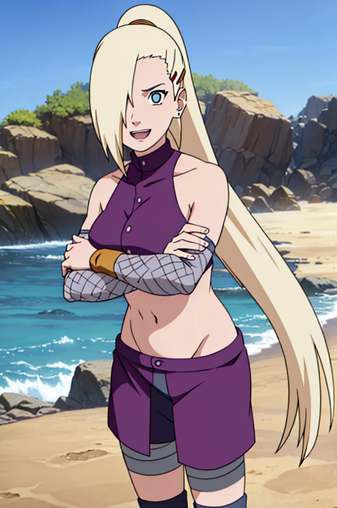 , milf, tan, (standing), Ino yamanaka, looking at the viewer, ultra detailed face, sunny day, day time, upper body view, anime style, solo, detailed beach side, blonde, ((one eye covered with hair, hair over eye)), medium breasts, belly button, looking at the viewer, thick arms, (off-shoulders, wide shoulders, very little biceps, curving body), hidden eye, smile, open mouth, very happy, tall, hair clip, sharp look, sharp face, sharp eye, cold colors, crossed arms
