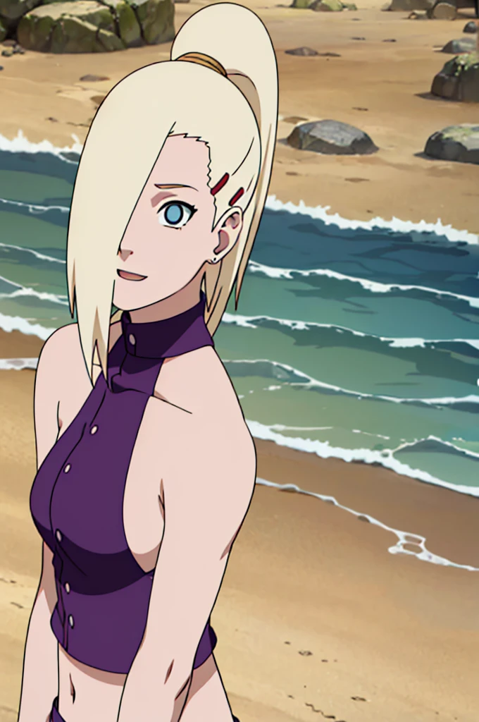 , milf, tan, (standing), Ino yamanaka, looking at the viewer, ultra detailed face, sunny day, day time, upper body view, anime style, solo, detailed beach side, blonde, ((one eye covered with hair, hair over eye)), medium breasts, belly button, looking at the viewer, thick arms, (off-shoulders, wide shoulders, very little biceps, curving body), hidden eye, smile, open mouth, very happy, tall, hair clip, sharp look, sharp face, sharp eye, cold colors, crossed arms
