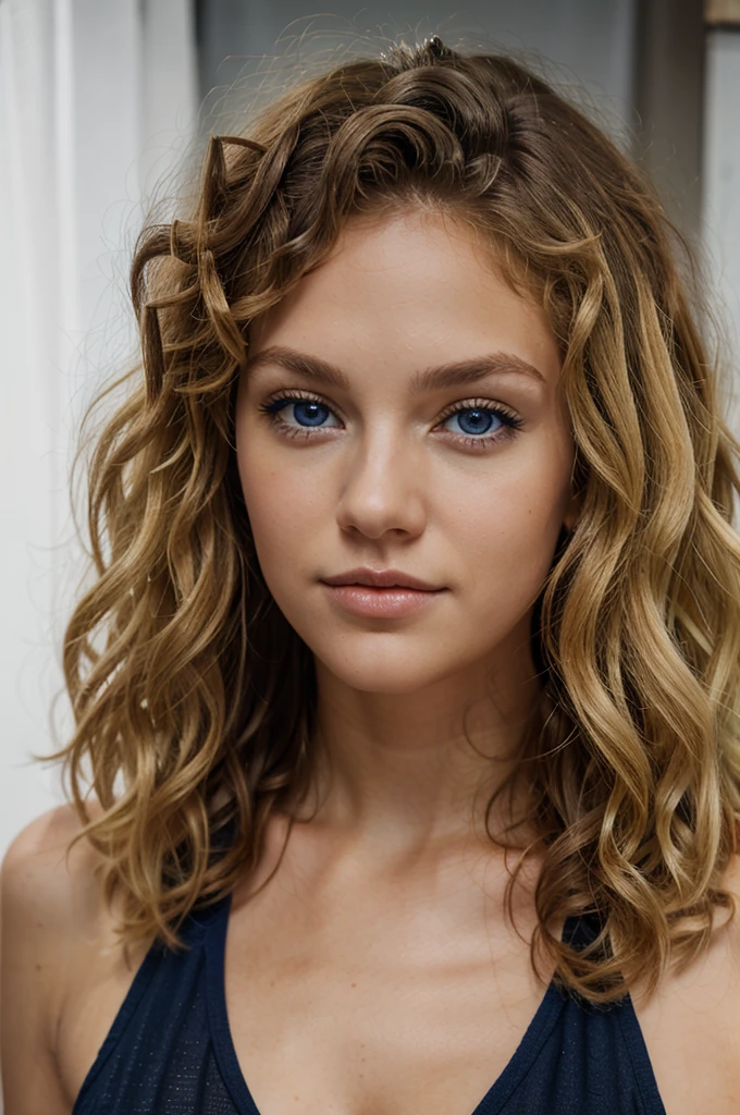 a blonde with curly hair, dark blue eyes