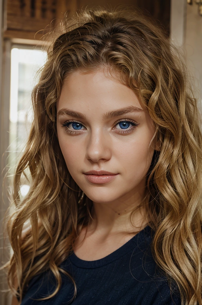 a blonde with curly hair, dark blue eyes 