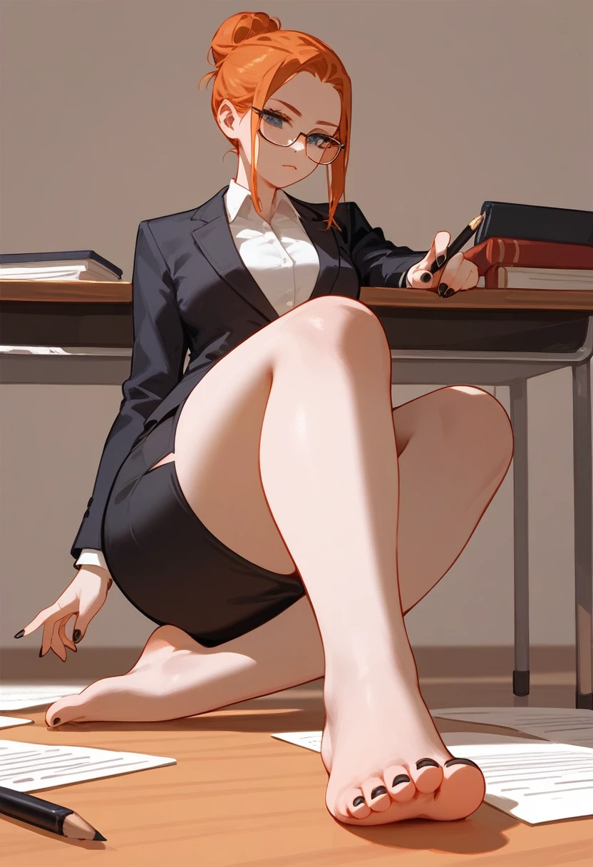 pale woman, 50 years old, ginger hair in a bun, glasses, tight black blazer, black pencil skirt, barefoot, small feet, 5 toes on each foot, nail polish, thick thighs, large thighs, wide hips, strict teacher, full body shown including feet, resting her feet, sitting on her chair, removed black pumps on the floor, голая пизда, голые сиськи, сиськи 10 размера, ультрадеталезированные соски, потные ножки, ахегао на лице, сперма на пизде