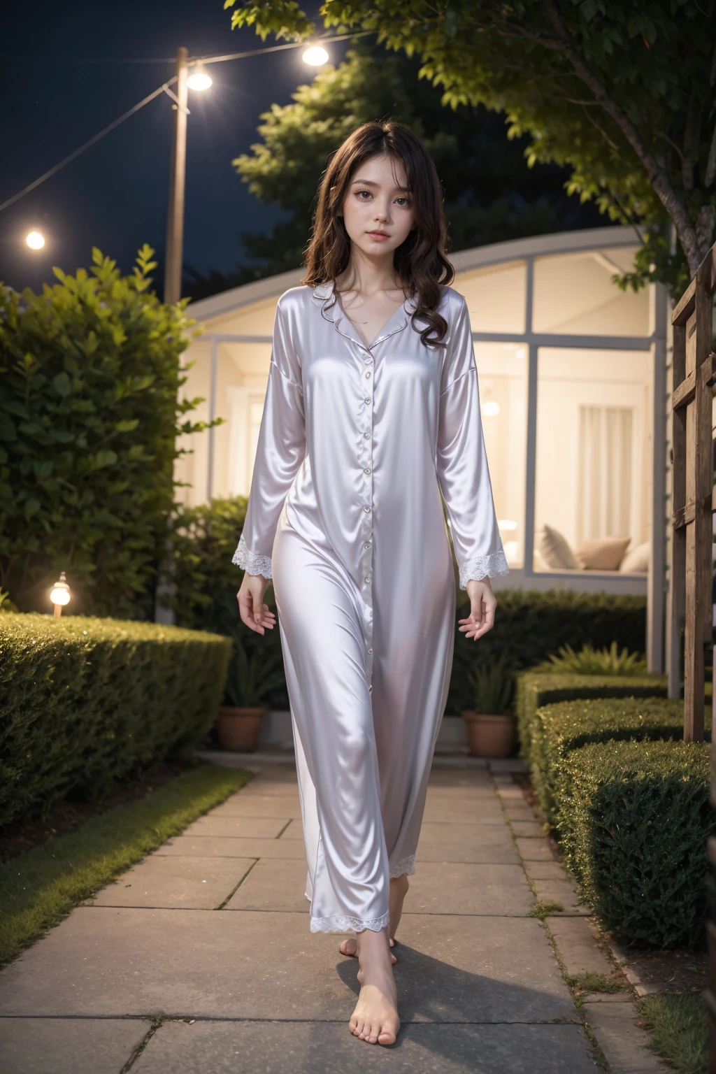 25 years old, black custom label rope comfortable pajamas girls milk silk dress nightwear ladies lounge wear night dress for women's sleepwear, curly brunette, walking pose in garden at night