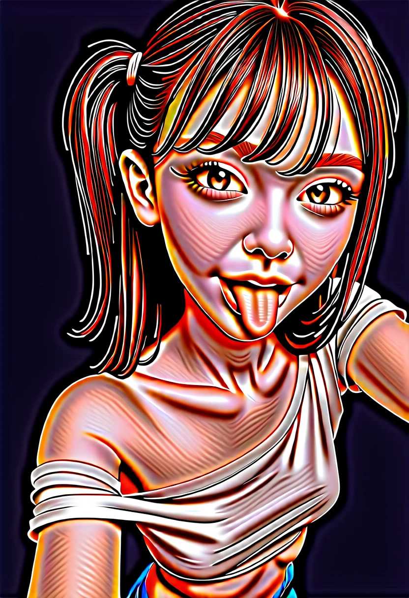 ollarbone,white t-shirt,off-shoulder look,bare shoulder,midriff peek,micro shorts,open mouth,(tongue out:2),cum on tongue,standing,Kneeling,Selfie,looking ahead,from above,flont view,upper body,(1girl,Beautiful 14 year old girl),((Slender,Small breasts,Small face,)),looking at viewer,Black Hair,bangs,one side up,Beautiful and detailed,Mischievous smile,Dimly lit room,Simple Background,Black background,Low lighting
