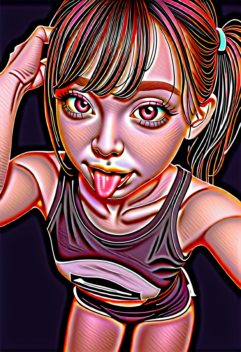 ollarbone,white t-shirt,off-shoulder look,bare shoulder,midriff peek,micro shorts,open mouth,(tongue out:2),cum on tongue,standing,Kneeling,Selfie,looking ahead,from above,flont view,upper body,(1girl,Beautiful 14 year old girl),((Slender,Small breasts,Small face,)),looking at viewer,Black Hair,bangs,one side up,Beautiful and detailed,Mischievous smile,Dimly lit room,Simple Background,Black background,Low lighting