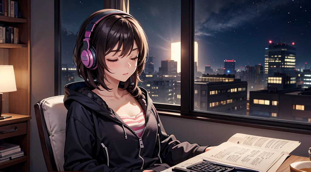 Girl with headphones enjoying music in a home　I am studying　Emphasize a little bit of the big chest　Looking towards me with eyes closed　Night Background