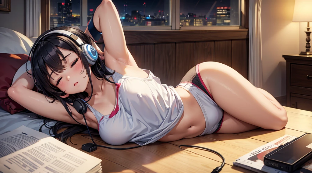 Girl with headphones enjoying music in a home　I am studying　Emphasize a little bit of the big chest　Looking towards me with eyes closed　Night Background