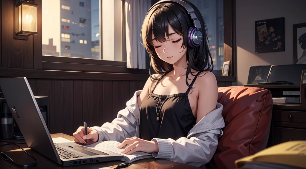 Girl with headphones enjoying music in a home　I am studying　Emphasize a little bit of the big chest　Looking towards me with eyes closed　Night Background