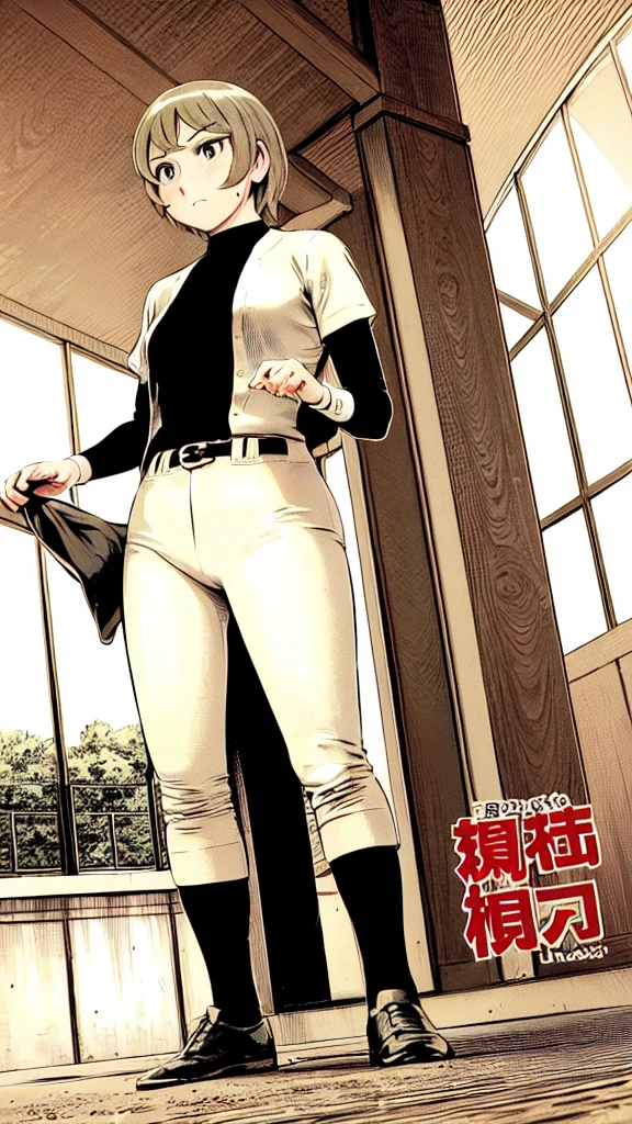 (Baseball uniform:1.2),
Blonde Hair, (short hair:1.2),Long sleeve, Black Shirt, turtleneck,White trousers、uniform、Black belt、((Illustration of people))、Big 、
View Audience,, (Highest quality:1.3),One Girl, White pants、uniform、Outdoor、baseball ground、ground、soil、blue eyes、Tight black shirt、(masterpiece、Highest quality)、Highest quality, Ultra-high resolution, (((masterpiece))), alone, Sweat、Big eyes、Big Breasts、One Girl, Front view、Embarrassed face、Bronze colored hair、((short hair))、Stand up straight