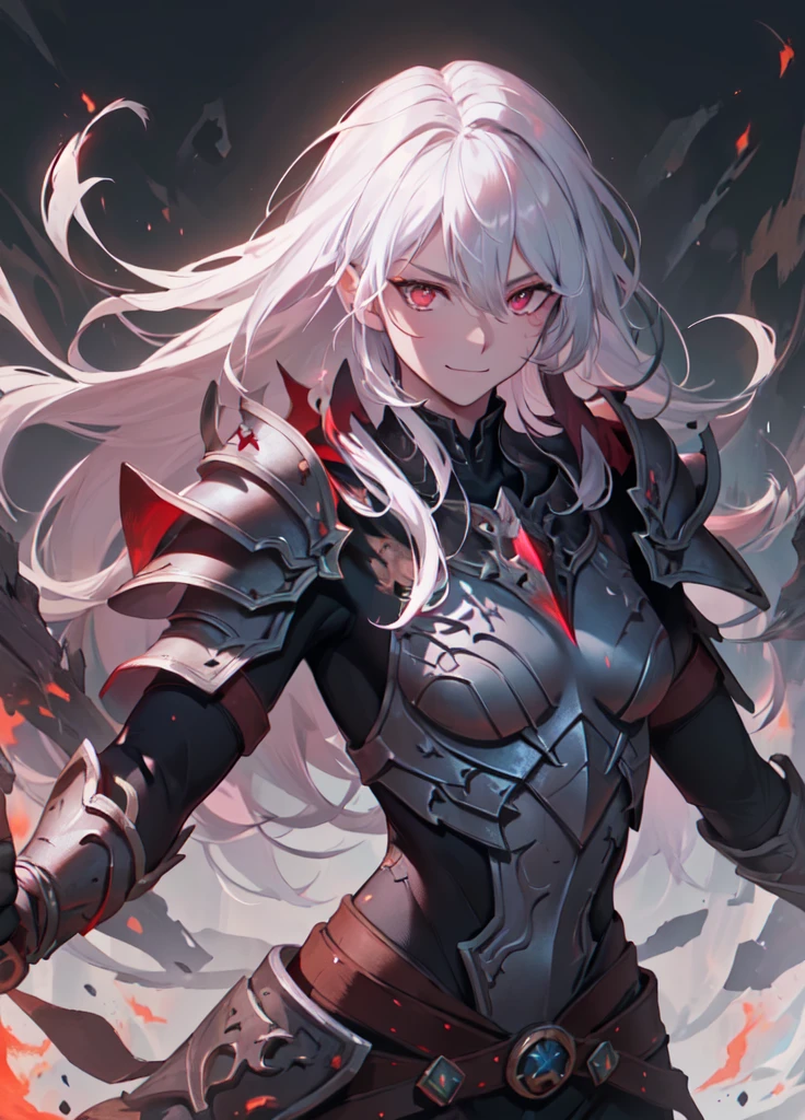 masterpiece, best quality, (extremely detailed CG unity 8k wallpaper), (best quality), (best illustration), (best shadow), absurdres, realistic lighting, (Abyss), beautiful detailed glow, anime, solo, 1girl, upper body shot, dark sakura, pink eyes, white hair, herrscher, Herrscher of the Void, black armour, Honkai impact, smirk, y, courage, serious expression, (aura, energy, battle stance:1.2), dynamic pose, daedric, skyrim, (TalDarimAI armor, TalDarimAI magic, runic armor, runes:1.22), looking at viewer, GlowingRunes_red, TalDarimAI, battlefield, (God of war, long hair:1.2)