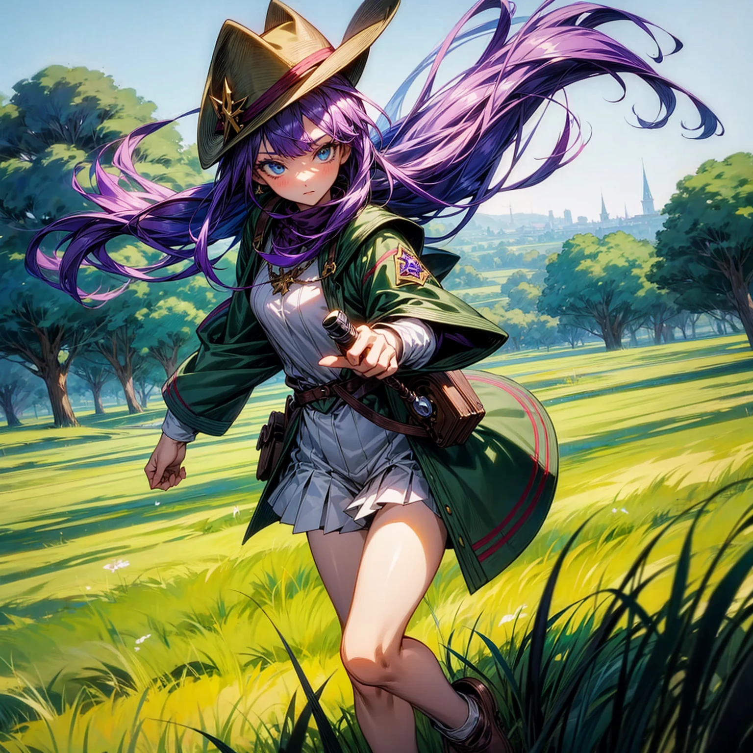 1girl, Full body version, 1character, adult version, blue eyes color, long haircut, purple colour hair, medieval style clothing, cowboy hat, revolver in hand, Grassroots, background in green field, motion blur, (Hunter x Hunter style)