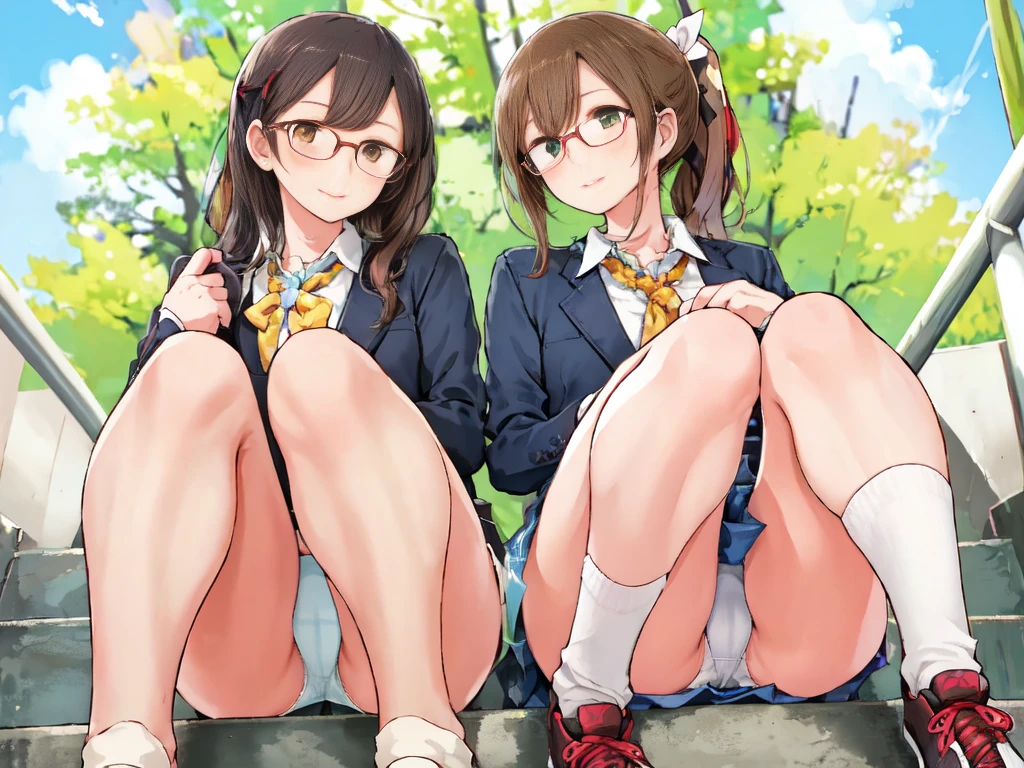 Highest quality, Ultra-high resolution, (Realistic: )2D official style cel animation,((2Girls sitting in a row))Primary school students、brown、ponytail、White Big Ribbon、Glasses、Blue Check Mini Skirt,Summer Shirts,Unbutton、(Lace panties),loose socks,sneakers,Full body portrait,(From below),Station stairs,sunny,Spread your legs、from the front、blush、