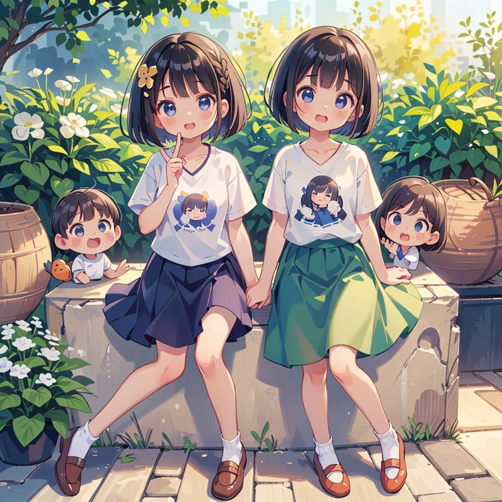 Highest quality、High resolution、Detailed Background、(Beautiful face in every detail:1.4)、Anatomically correct、(Detailed facial expressions)、(fine grain:1.2)、Cute hair colors、Braided bob cut、Elementary school, (Deep V-neck T-shirt、Cute Skirt、Cute Shoes)、Perfect body line、Laugh with a big mouth、I can't see the teeth、Have bones, Pointing stick is a long bone、Point to the surface of the wall with the bone、Photographed from the front、Deformation、Chibi Character、